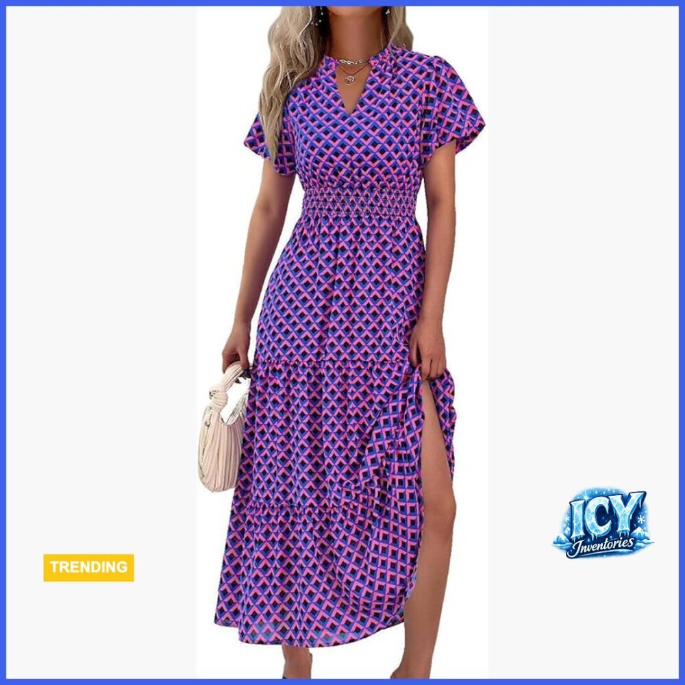 V-Neck Puff Sleeve Smocked Waist Floral Maxi Dress